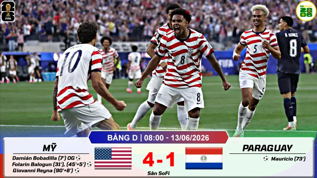 Kết Quả Lượt Trận Thứ Nhất Bảng D World Cup 2026 Mỹ 4-1 Paraguay