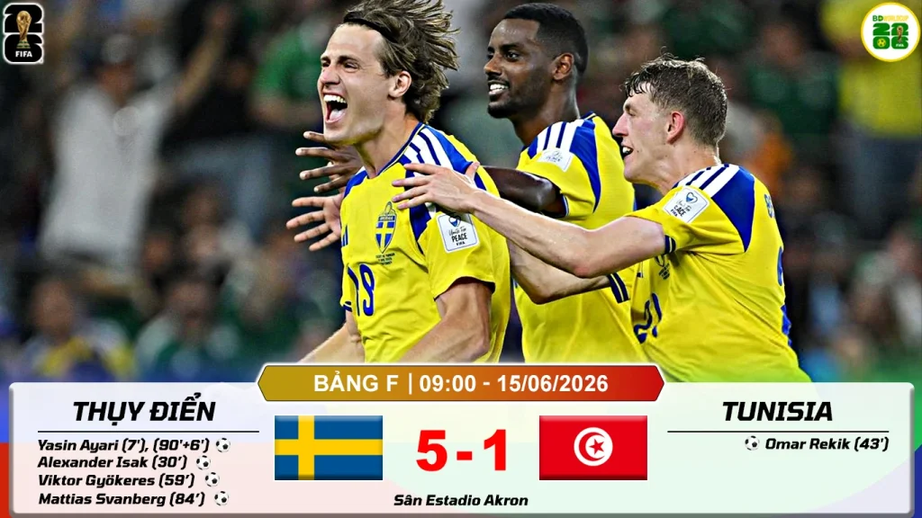 Kết Quả Lượt Trận Thứ Nhất Bảng F World Cup 2026 Thụy Điển 5-1 Tunisia
